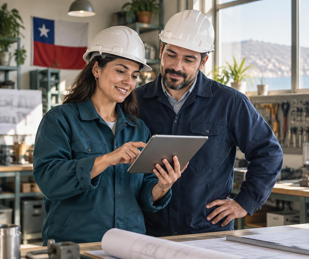 Dos trabajadores de una empresa proveedora revisando documentos en una tablet