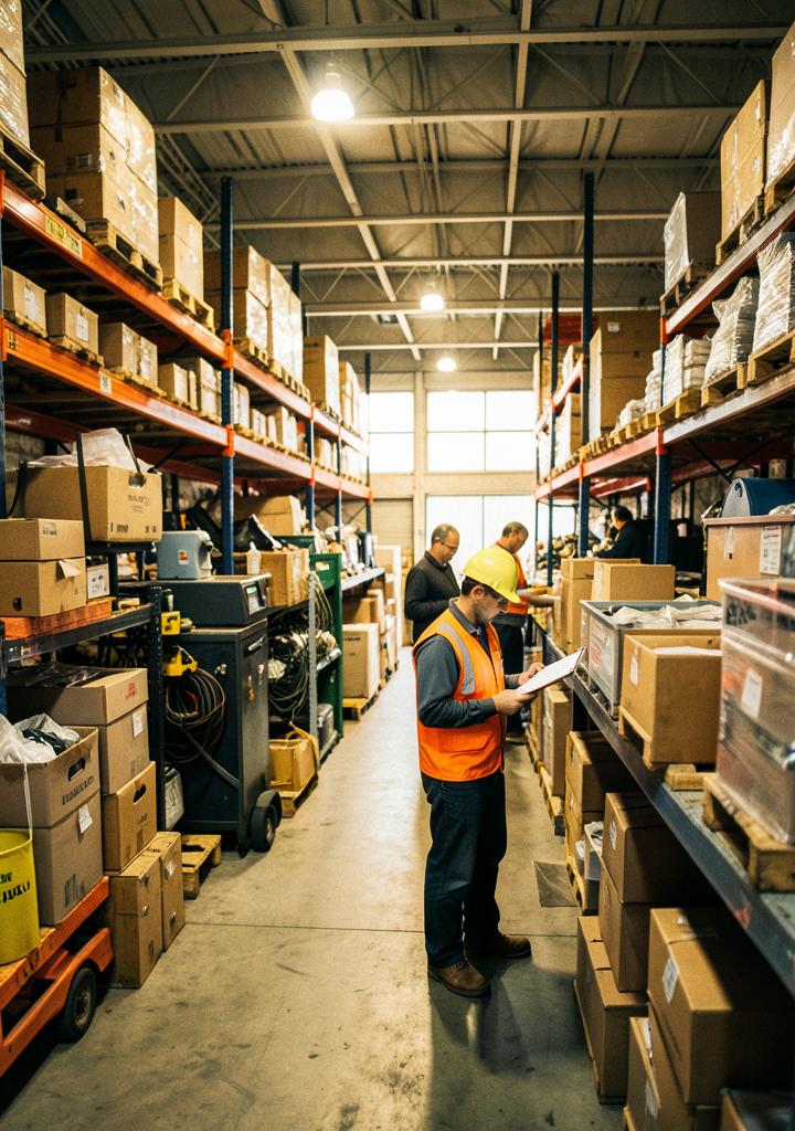 Bodega de suministros industriales con trabajador revisando inventario